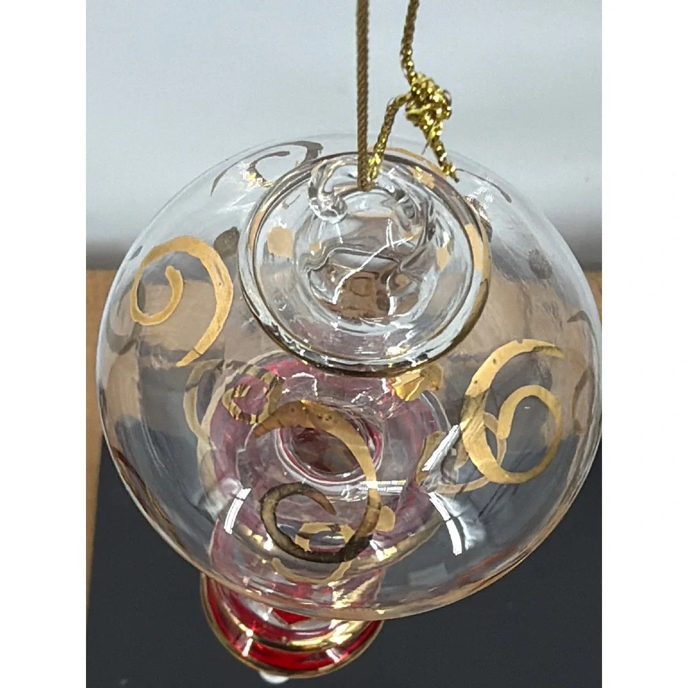 Vintage‎ Hand Blown Glass Finial Christmas Ornament Red Gold Scroll 7.5 Inch